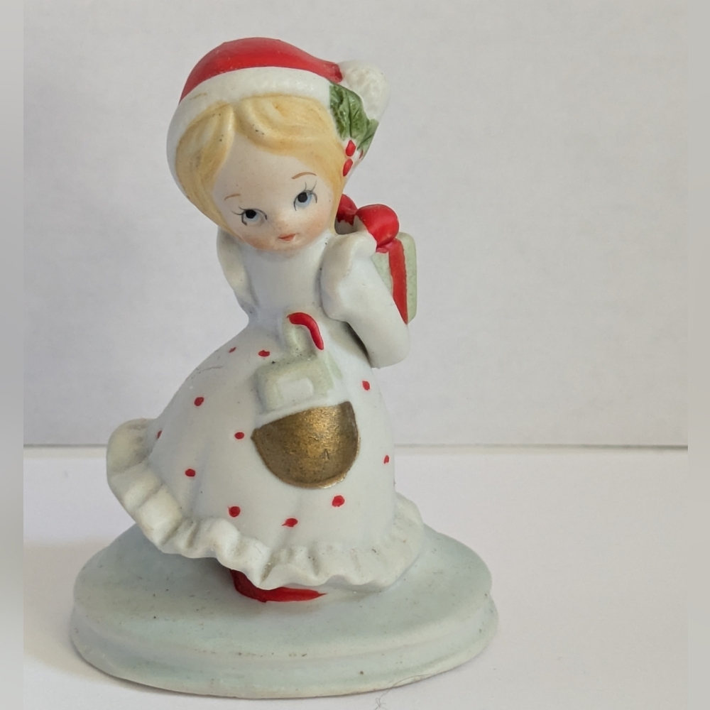 Vintage Christmas Holiday Figurine Girl With Gift Small 2" Numbered 03446